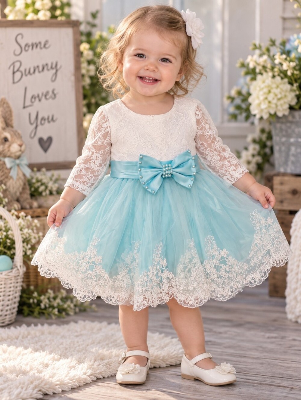 Girls 18M Aqua Blue White Lace Flower Girl Easter Dress